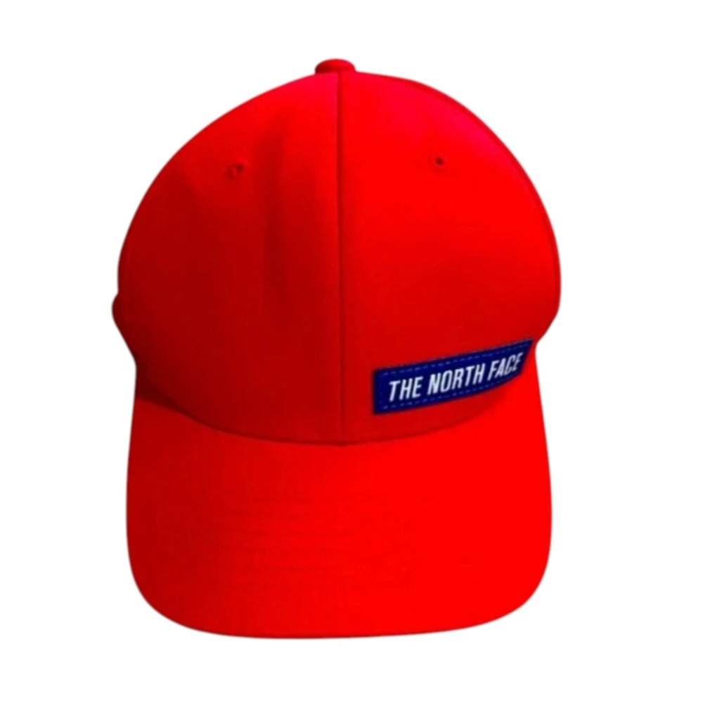 THE NORTH FACE Flex Fit FITTED BASEBALL CAP HAT Solid Red w/Blue Logo S/M